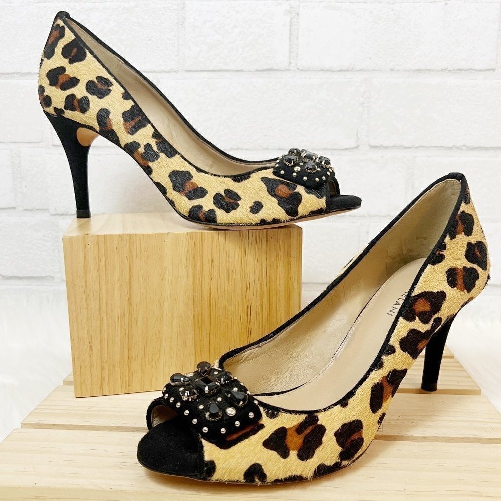 Antonio Melani‎ Women's Cowhide Fur Leopard Animal Rhinestone Pumps Heels 10 M